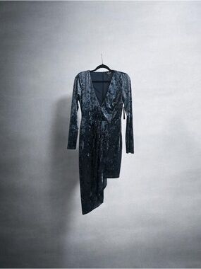 Lulu's Slate Blue Velvet Asymmetrical Wrap Dress